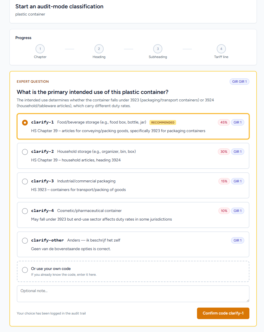 Always-confirm verduidelijkingsvraag in Audit-mode met voortgangsstepper (hoofdstuk, post, onderverdeling, tariefpost)