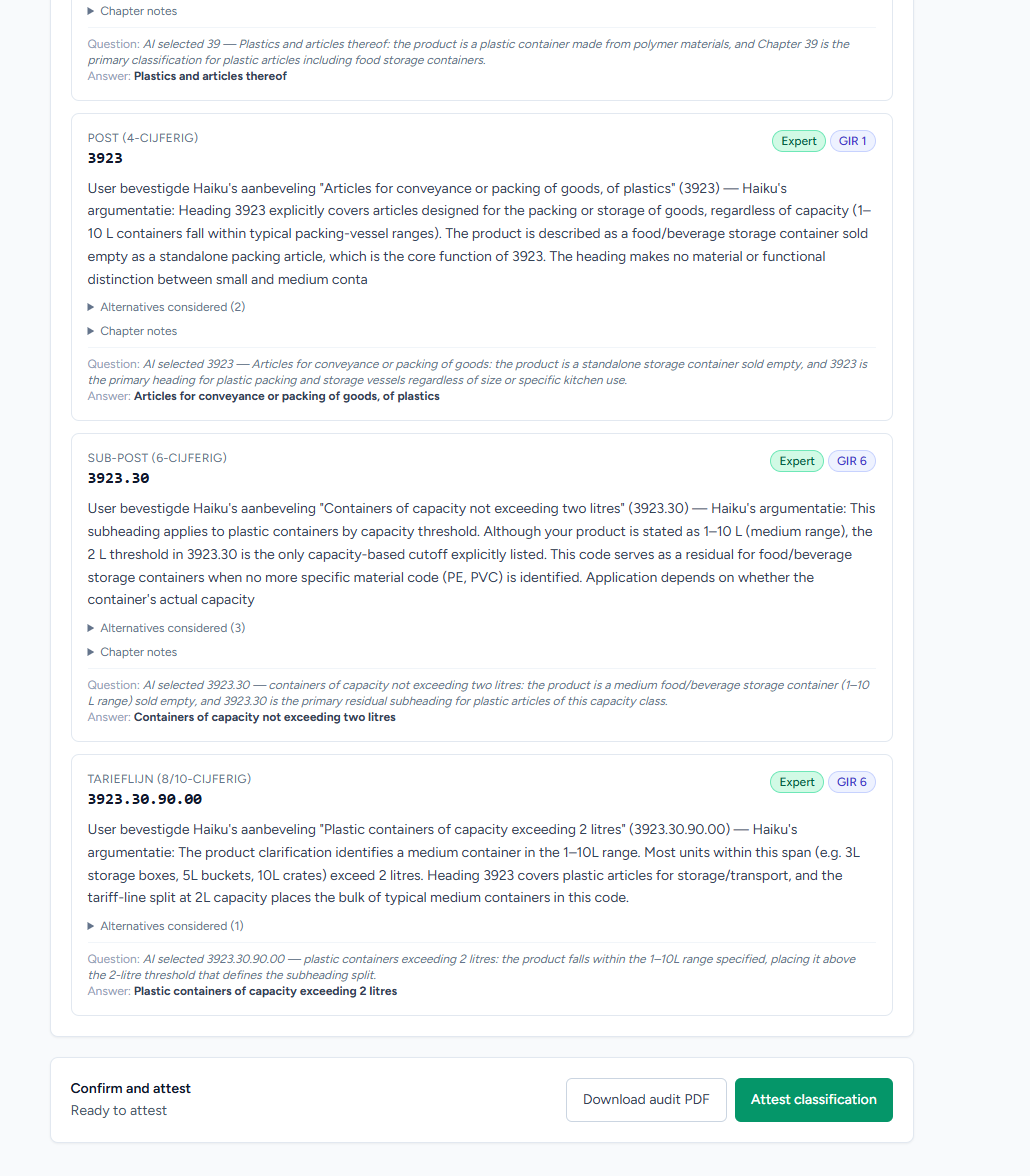 Afgerond beslispad met alle vier niveaus bevestigd, klaar om de audit-PDF te downloaden en te bekrachtigen