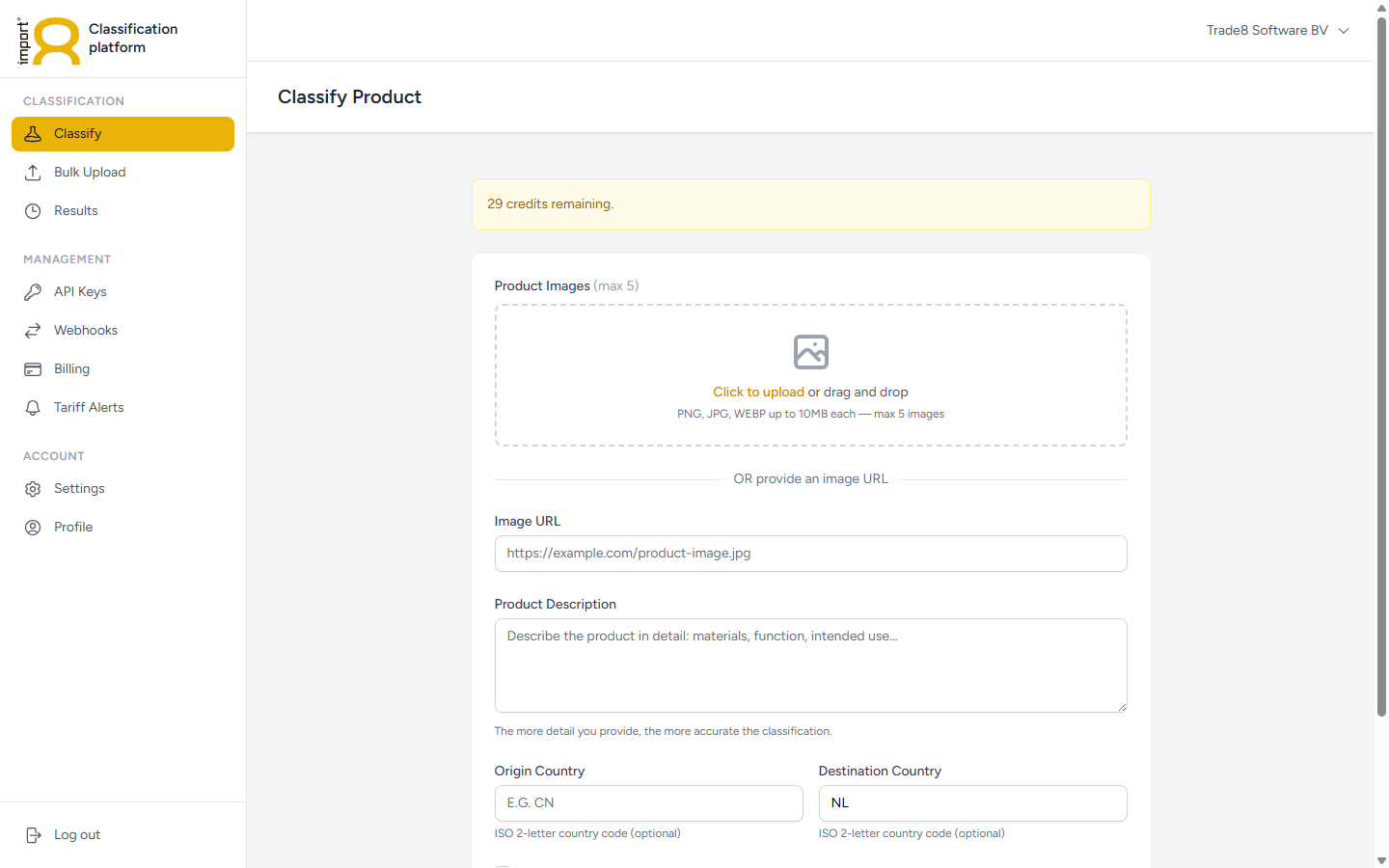 Import8 product classification interface — upload photos, enter descriptions, or paste URLs