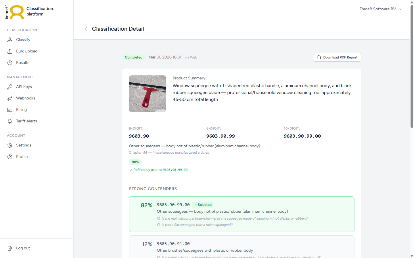 Import8 AI-classificatieresultaat met HS codes en betrouwbaarheidsscores